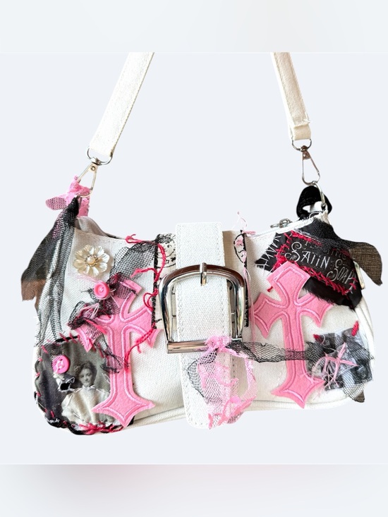 Upcycled Handbags - Kawaii pink goth shoulder bag with embellishments and details. Junk shoulder bag